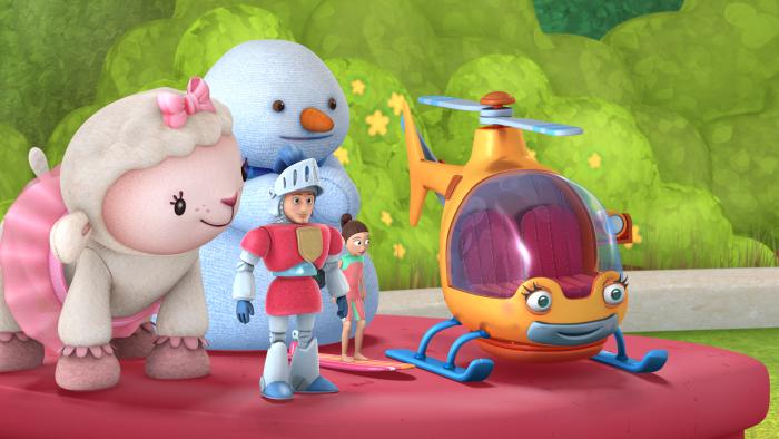Lambie, Chilly, a knight toy and a helicopter toy