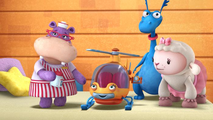 Hallie, Stuffy and Lambie with a helicopter toy