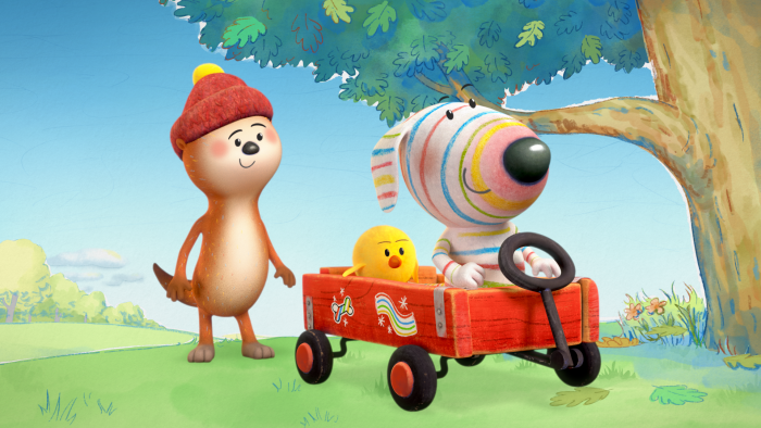 Dylan's Playtime Adventures: Two characters play outdoors, one pushing a red wagon with the other inside.