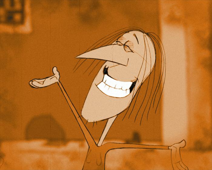 An animated character with long hair smiling broadly and gesturing with one hand. The background is blurred.