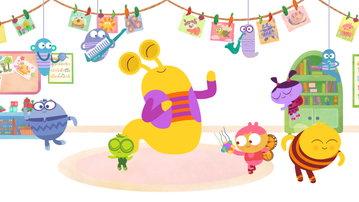 Lu & The Bally Bunch: Characters in a decorated indoor setting, possibly a classroom.