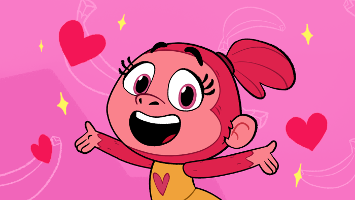 Let's Go, Bananas!: Apple Banana stands with arms outstretched in front of a pink background with hearts.