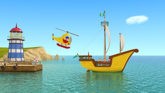 Noddy flying in his helicopter towards a large yellow ship, with a blue and white striped lighthouse in the background