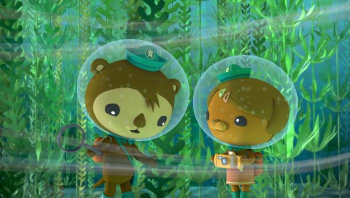 Shellington and Tweak with a leafy green background