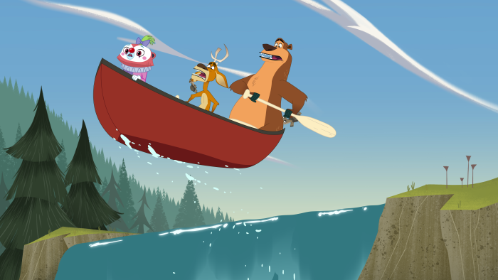 Open Season: Call of Nature: A bear and rabbit paddle a red canoe down a scenic river.