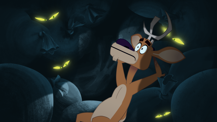 Open Season: Call of Nature: Bear and deer hide in a dark forest with glowing eyes behind them.