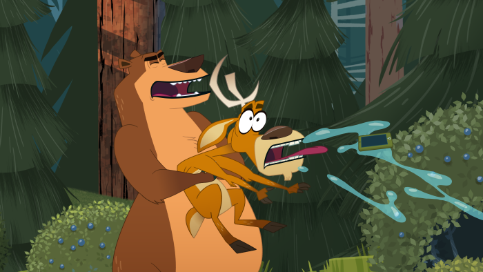 Open Season: Call of Nature: Bear sprays water from its mouth onto a surprised deer.