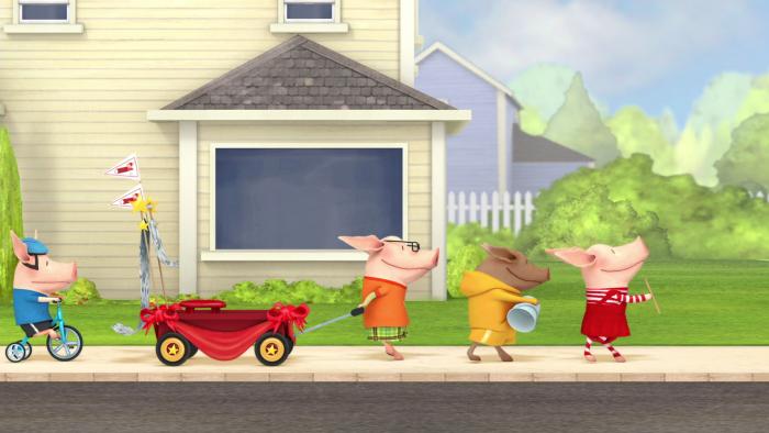 Scene outside a house with Olivia and another character; Olivia is pulling a red wagon.