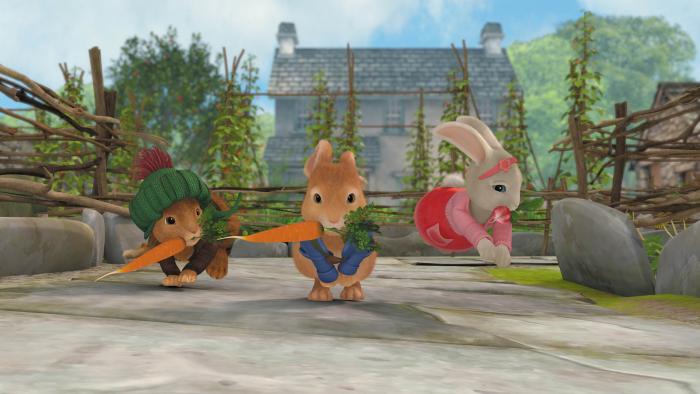 Peter, Lily and Benjamin hopping through the farmers garden with carrots in their mouths