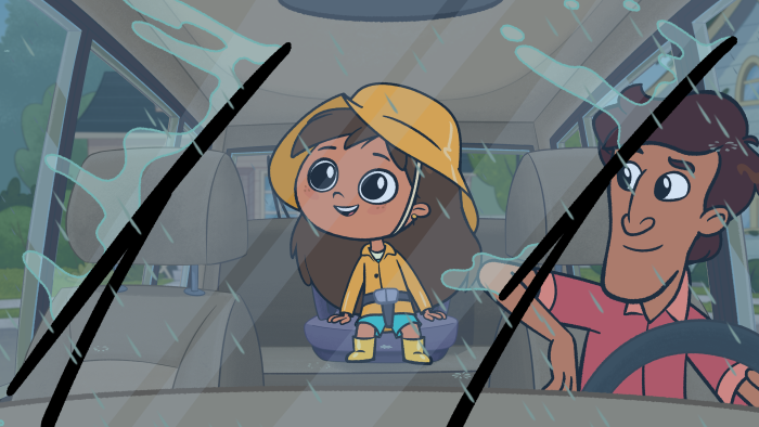 Rosie's Rules: Rosie drives a car with her dad sitting beside them.