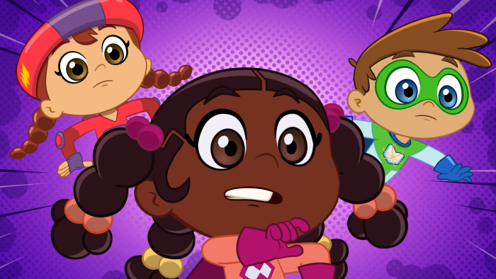 Super Why's Comic Book Adventures: A character with pigtails looks surprised, with two others behind.