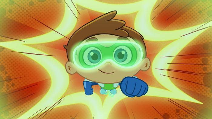 Super Why's Comic Book Adventures: A character in green goggles and gloves strikes an action pose.