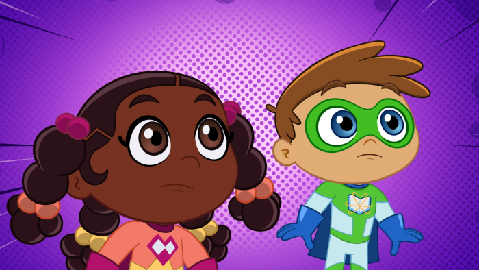 Super Why's Comic Book Adventures: Two characters look upward, one with pigtails and one with glasses.