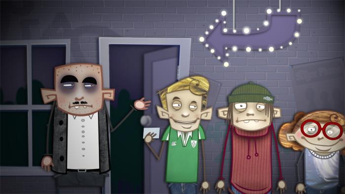 Teenology characters outside a nightclub