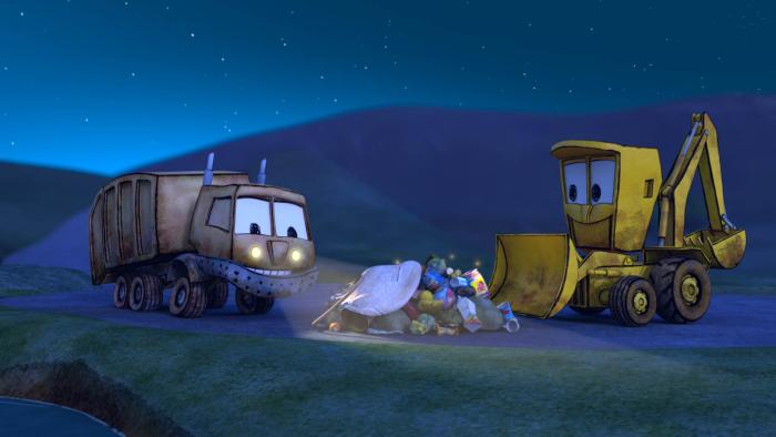 The characters Stinky and Dirty outside in the evening. 