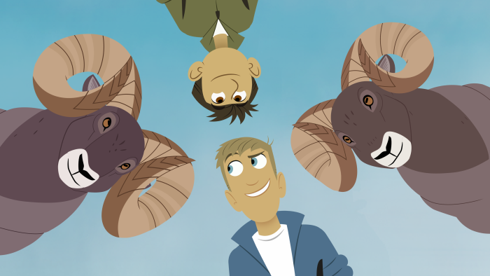 Still from Wild Kratts: Chris and Martin having a brainstorm with rams.