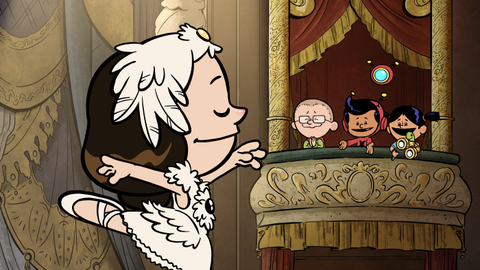 Still from Xavier Riddle and the Secret Museum: Xavier, Yadina, and Brad watching a ballet dancer on stage from box seats.