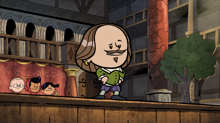 Still from Xavier Riddle and the Secret Museum: Shakespear character performing on stage.