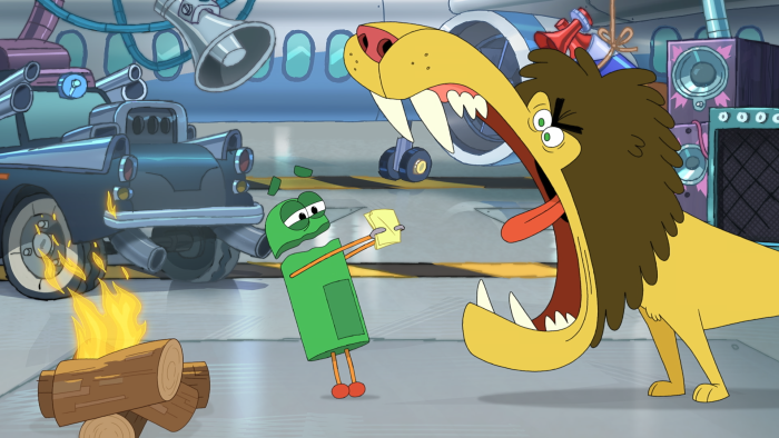 StoryBots: Answer Time: A green character confronts a large lion-like creature.