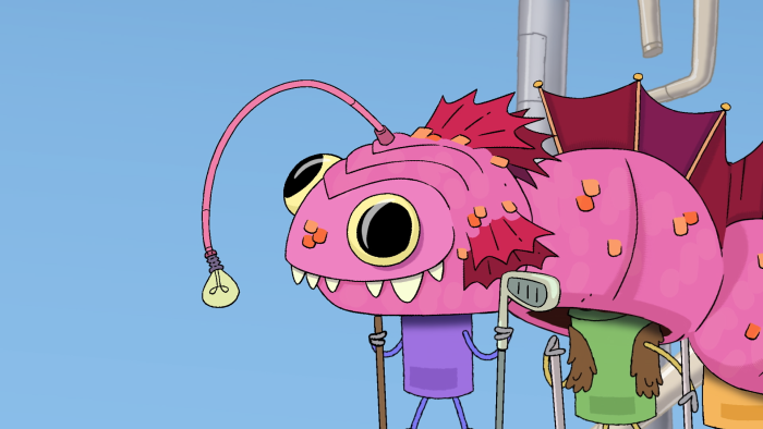 StoryBots: Answer Time: A pink creature with antennae and multiple legs stands against a blue background.