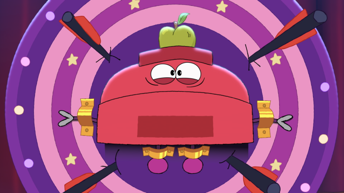 StoryBots: Answer Time: A red rectangular character inside a mechanical or game show setup.