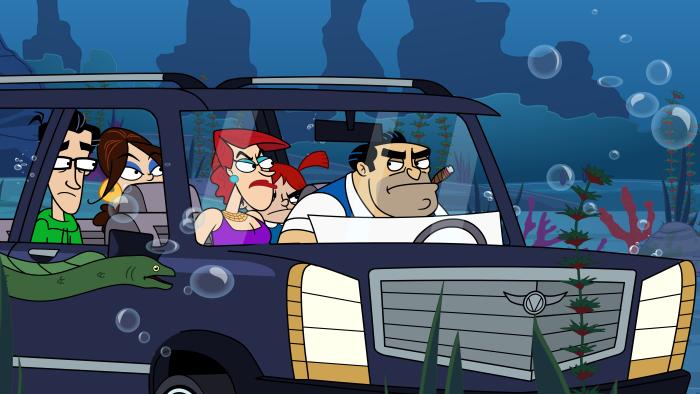Fugget About It - Episodic Still - Family in car swims with fishes.