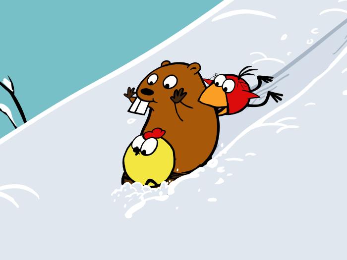 Peep and the Big Wide World - Episodic Still - Animals slide down a snowy hill.