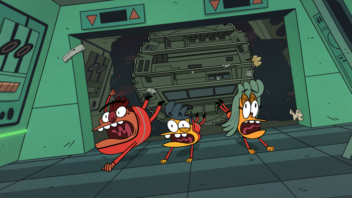 3 Amigonauts episodic still - three characters running on the spaceship deck