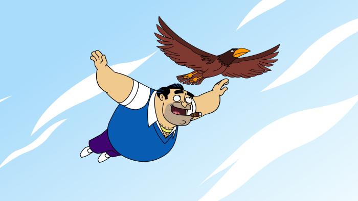 Fugget About It - Episodic Still - Jimmy flies with an eagle.