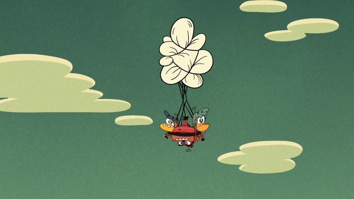 3 Amigonauts episodic still - three characters hang in sky from a balloon