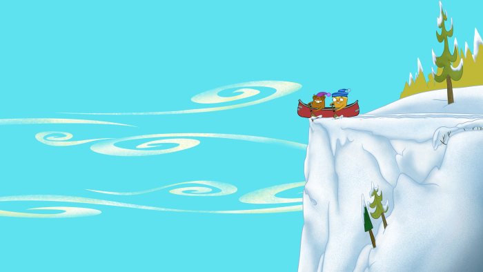 Numb Chucks - Episodic Still - Numb Chucks at the edge of a snowy cliff about to fall off.