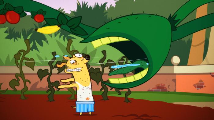 Almost Naked Animals episodic still - Cartoon dog character holding a large wooden plank, running through an outdoor area with orange walls.