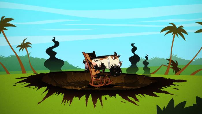 Almost Naked Animals episodic still - Silhouettes of animals dancing around a bonfire at night, palm trees in the background.