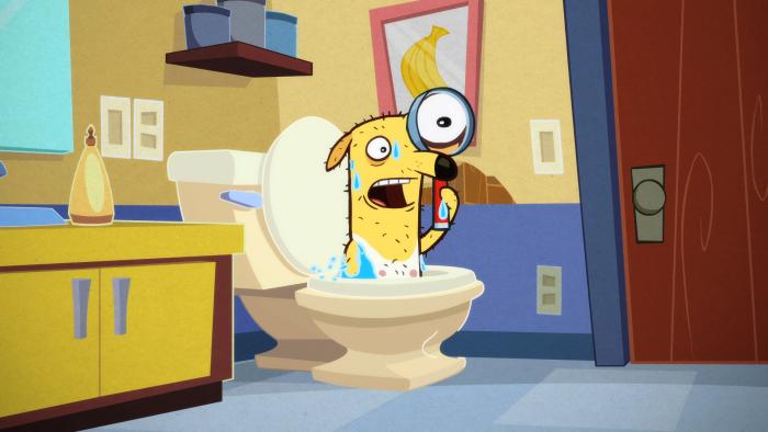 Almost Naked Animals episodic still - Yellow dog character standing near a toilet, looking surprised, in a bathroom setting.