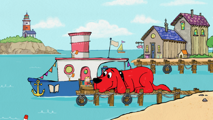 Clifford the Big Red Dog - Episodic Still - Clifford hangs out with his friend Emily Elizabeth near a boat.