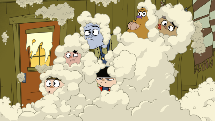 Camp Lakebottom – Episodic Still – Campers surrounded by a massive pile of foam bubbles and chaos.