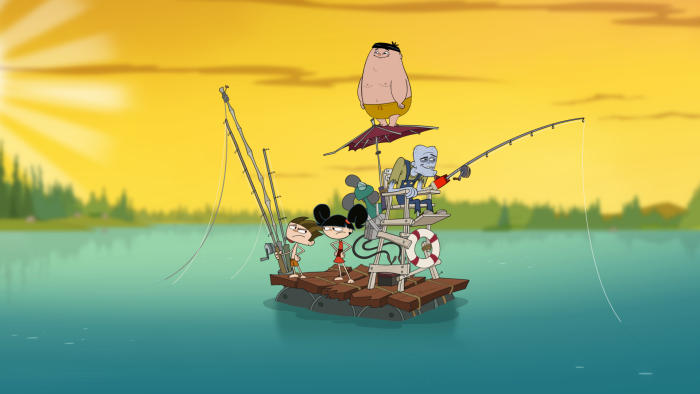 Camp Lakebottom – Episodic Still – Camper riding a makeshift raft across the lake with a flag.