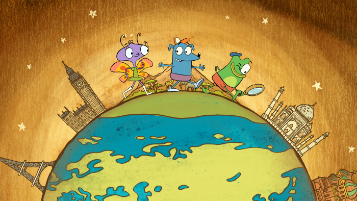 Let’s Go, Luna episodic still characters holding hands running around the edge of the globe