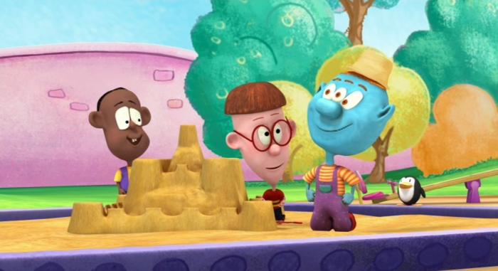 Animated characters building a large sandcastle in a playground sandbox with trees and a penguin toy nearby.